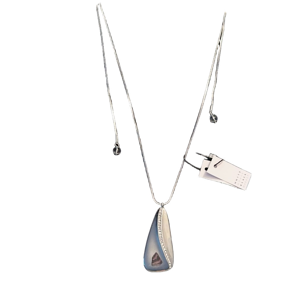 White House Black Market Silver Teardrop Pendant Necklace with Gray-Blue Inlay